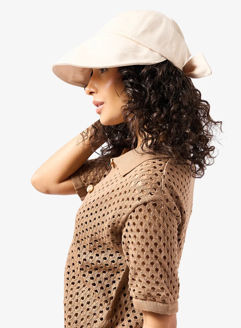 Ginger White Classic Corduroy Cap With Ribbon Tie Detail for Women | Best Price UAE